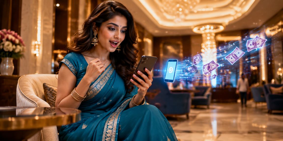 Woman playing mobile casino in India with festive attire