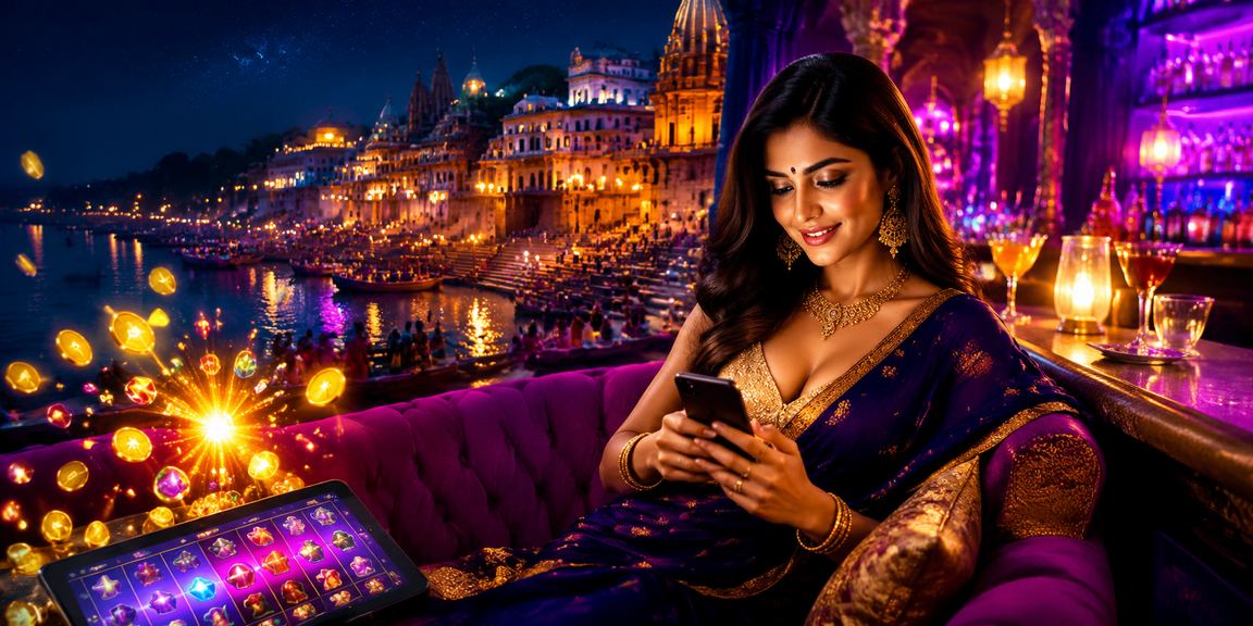 Indian model playing slot game on mobile with Varanasi river backdrop